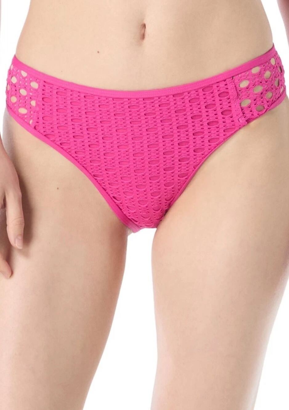Carmen Mare Valvo Ultra Pink bikini bottom intricate crochet detail side peek